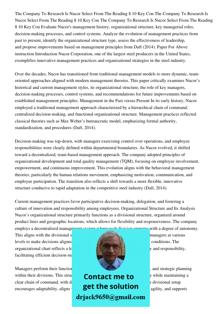 The Company To Research Is Nucor Select From The Reading 8 10 Key Con Evaluate Nucor's management history, organizational structure, key managerial roles, decis