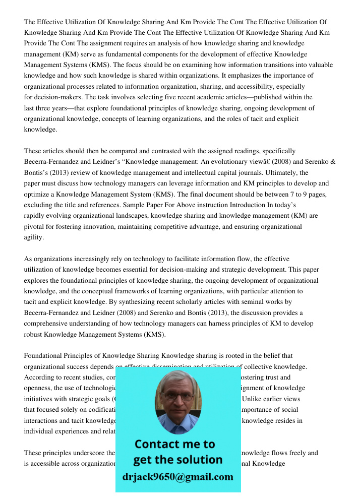 The Effective Utilization Of Knowledge Sharing And Km Provide The Cont The assignment requires an analysis of how knowledge sharing and knowledge management (KM