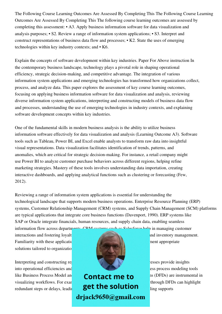 The following course learning outcomes are assessed by completing this assessment: • A3. Apply business information software for data visualization and analysis