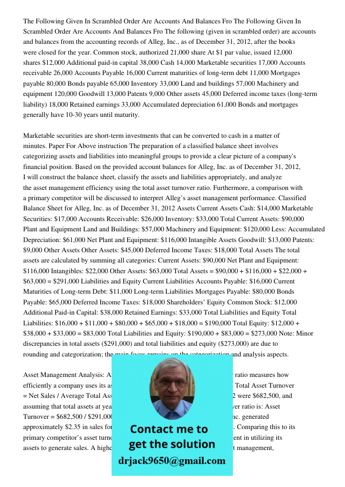 The following (given in scrambled order) are accounts and balances from the accounting records of Alleg, Inc., as of December 31, 2012, after the books were clo