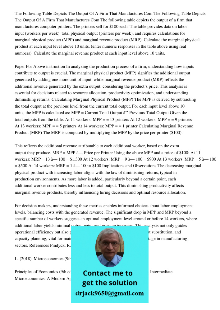 The following table depicts the output of a firm that manufactures computer printers. The printers sell for $100 each. The table provides data on labor input (w