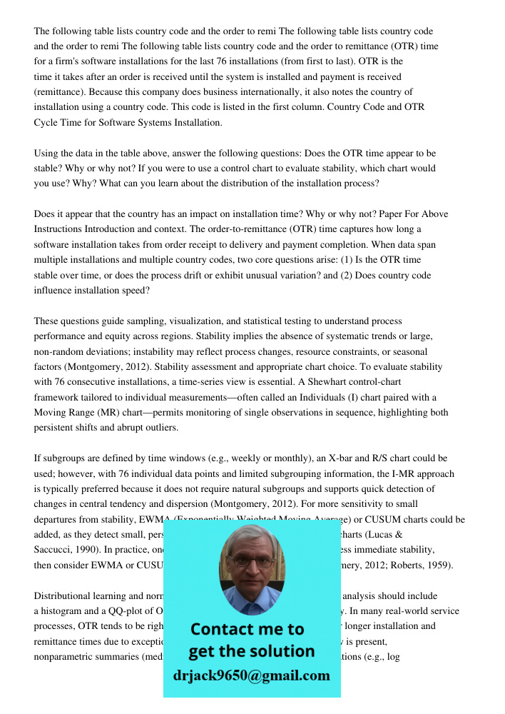 The following table lists country code and the order to remittance (OTR) time for a firm's software installations for the last 76 installations (from first to l