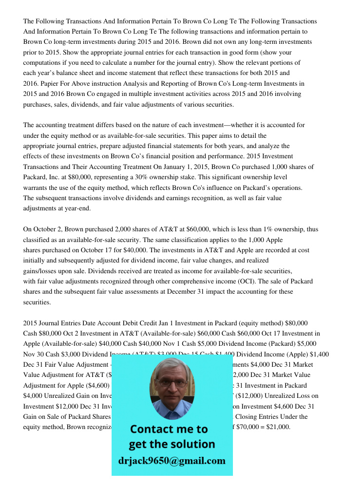 The following transactions and information pertain to Brown Co long-term investments during 2015 and 2016. Brown did not own any long-term investments prior to 