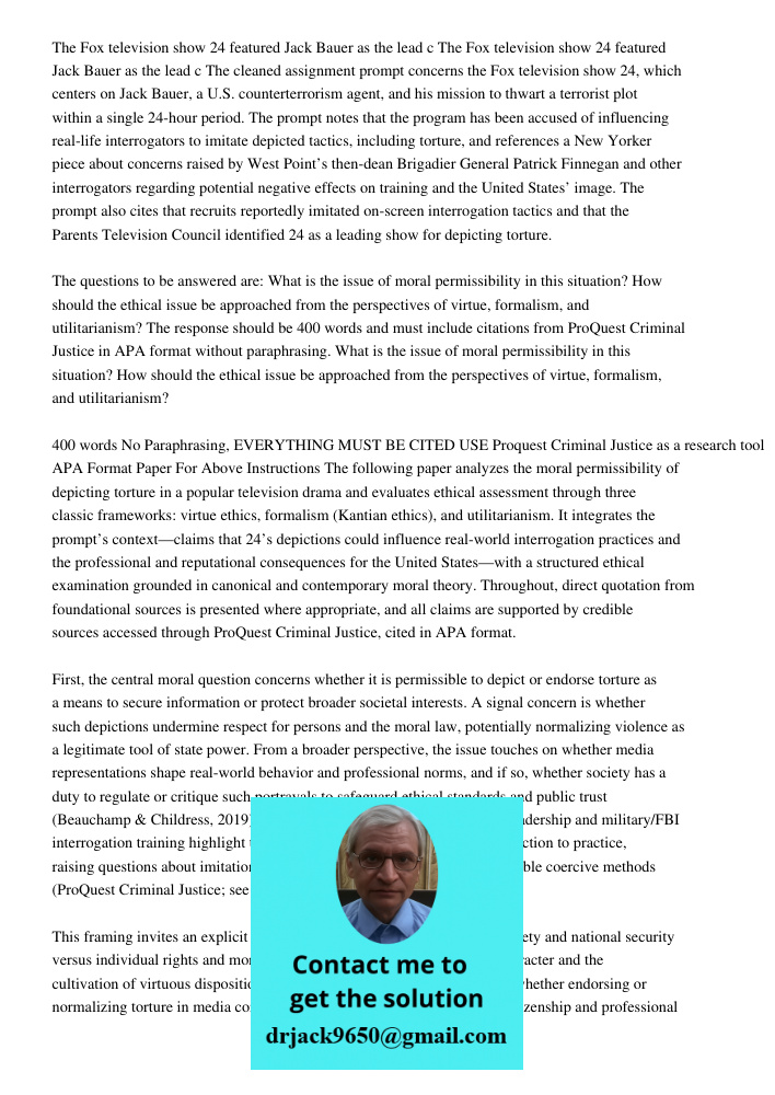 The cleaned assignment prompt concerns the Fox television show 24, which centers on Jack Bauer, a U.S. counterterrorism agent, and his mission to thwart a terro