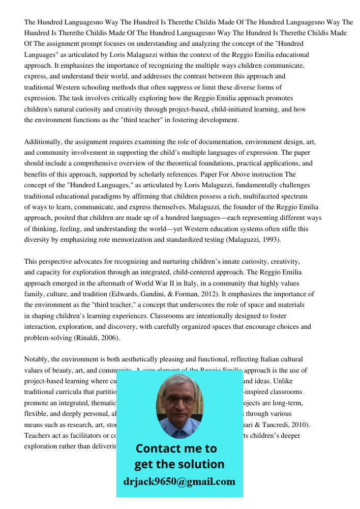 The Hundred Languagesno Way The Hundred Is Therethe Childis Made Of The assignment prompt focuses on understanding and analyzing the concept of the "Hundred Lan