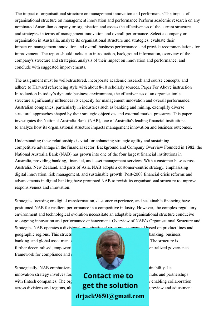 Perform academic research on any nominated Australian company or organisation and assess the effectiveness of the current structure and strategies in terms of m