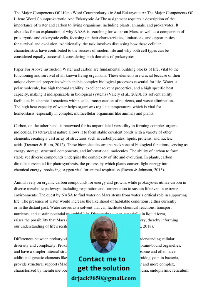 The assignment requires a description of the importance of water and carbon to living organisms, including plants, animals, and prokaryotes. It also asks for an