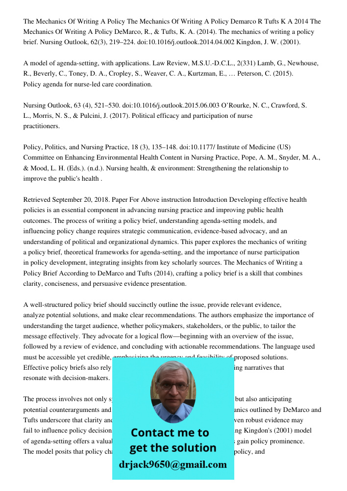 Demarco R Tufts K A 2014 The Mechanics Of Writing A Policy DeMarco, R., & Tufts, K. A. (2014). The mechanics of writing a policy brief. Nursing Outlook, 62(3), 