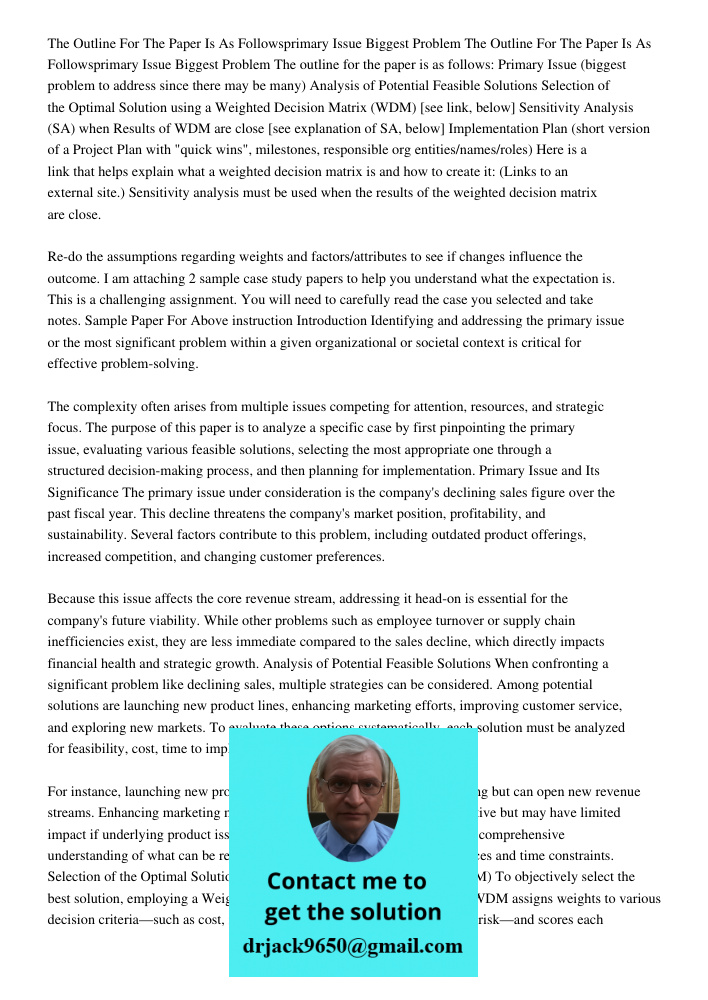 The outline for the paper is as follows: Primary Issue (biggest problem to address since there may be many) Analysis of Potential Feasible Solutions Selection o