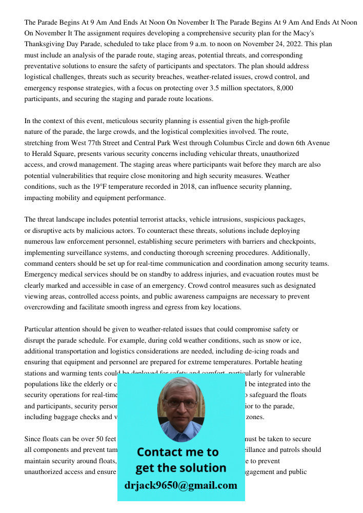 The assignment requires developing a comprehensive security plan for the Macy's Thanksgiving Day Parade, scheduled to take place from 9 a.m. to noon on November