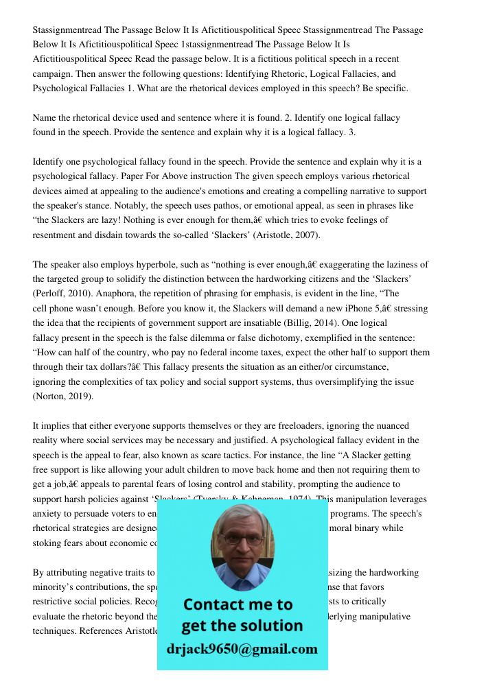 Stassignmentread The Passage Below It Is Afictitiouspolitical Speec Read the passage below. It is a fictitious political speech in a recent campaign. Then answe