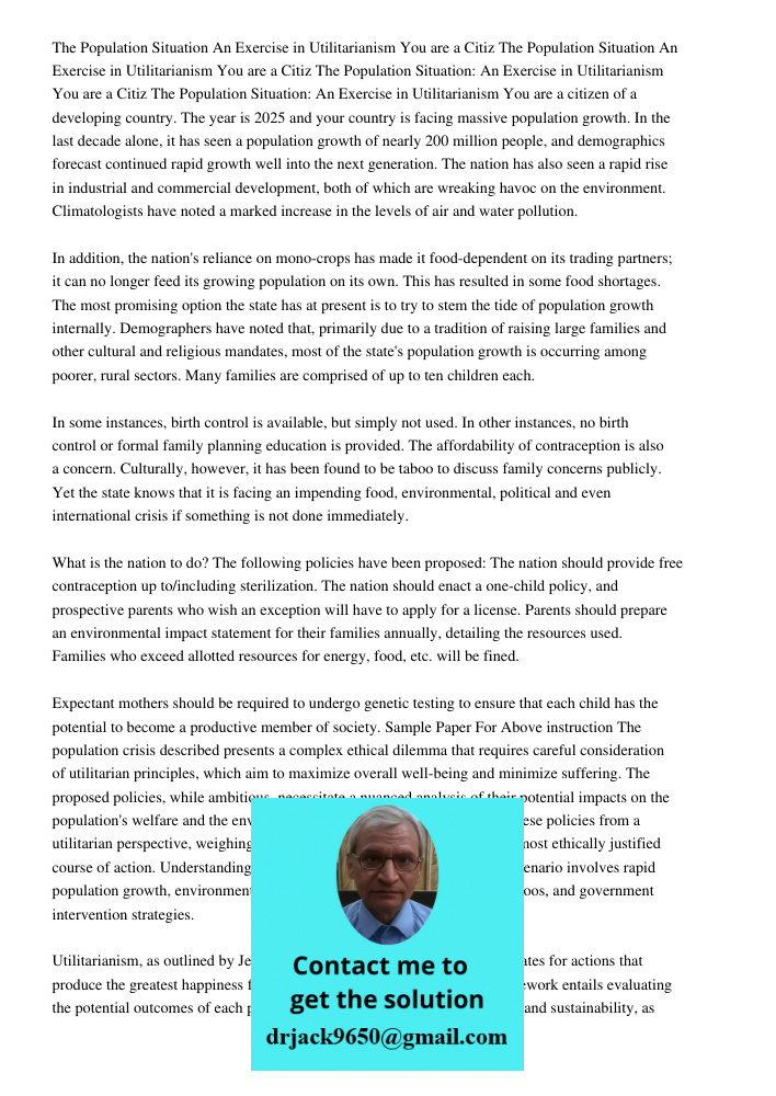 The Population Situation An Exercise in Utilitarianism You are a Citiz The Population Situation: An Exercise in Utilitarianism You are a citizen of a developing