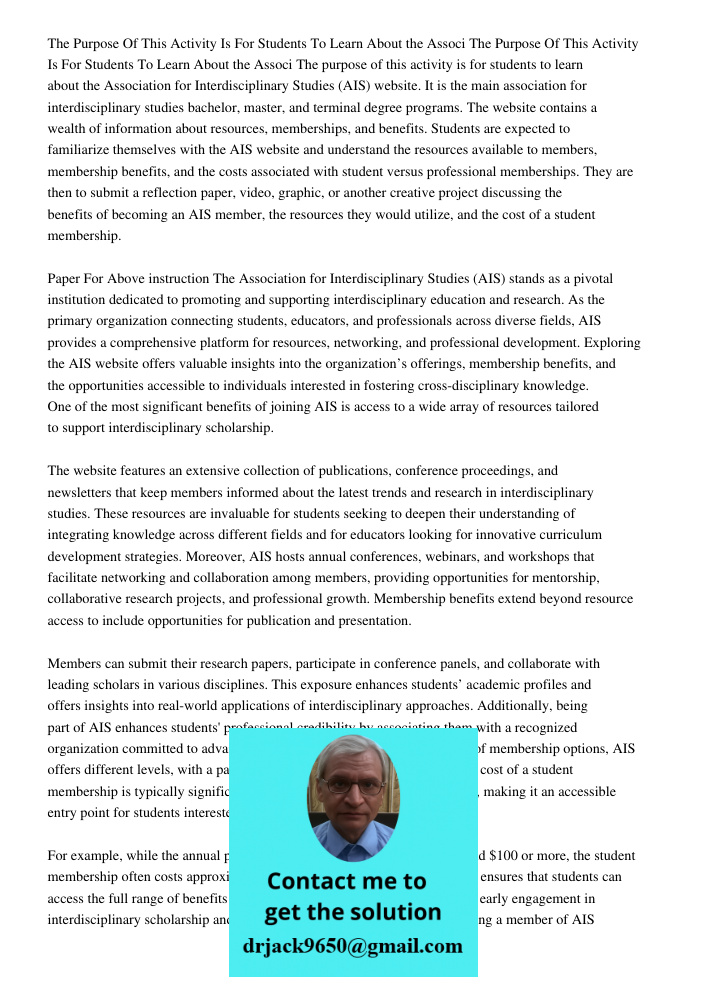 The purpose of this activity is for students to learn about the Association for Interdisciplinary Studies (AIS) website. It is the main association for interdis