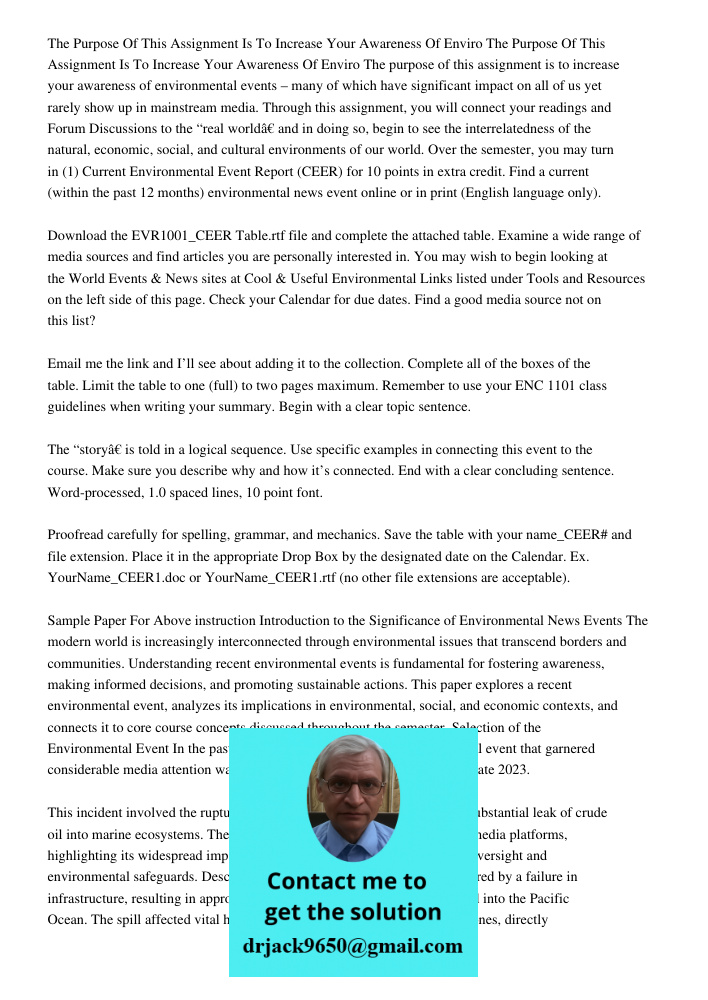 The purpose of this assignment is to increase your awareness of environmental events – many of which have significant impact on all of us yet rarely show up in 