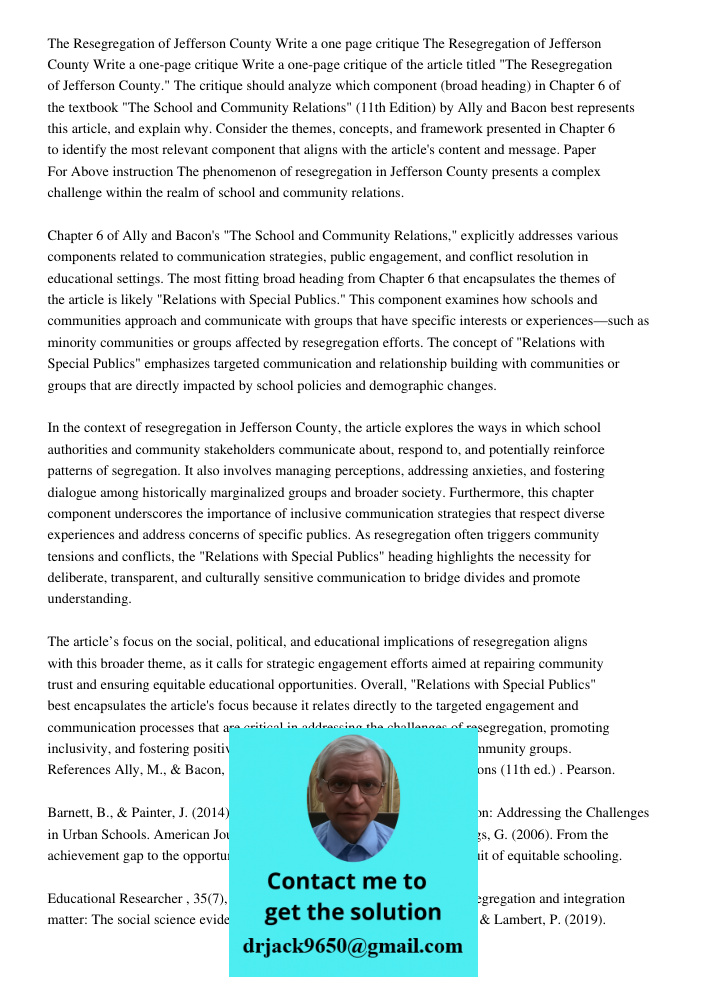 Write a one-page critique of the article titled "The Resegregation of Jefferson County." The critique should analyze which component (broad heading) in Chapter 