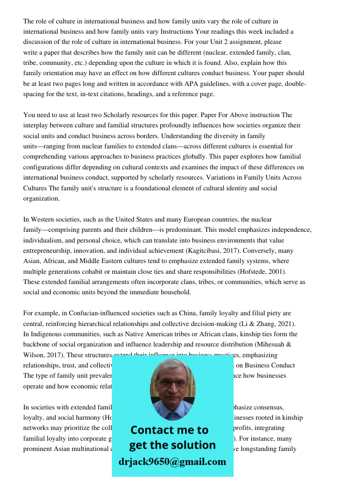 Instructions Your readings this week included a discussion of the role of culture in international business. For your Unit 2 assignment, please write a paper th