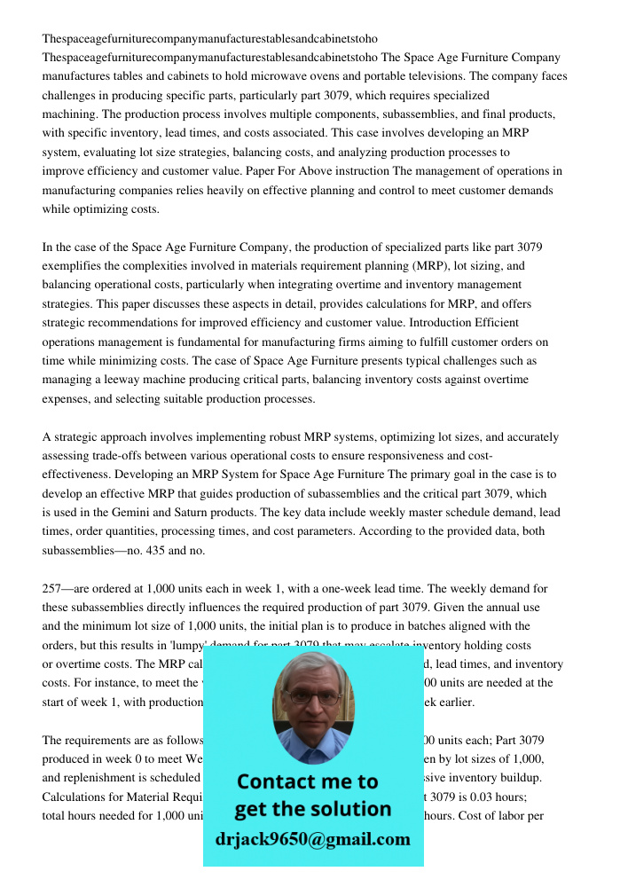 The Space Age Furniture Company manufactures tables and cabinets to hold microwave ovens and portable televisions. The company faces challenges in producing spe