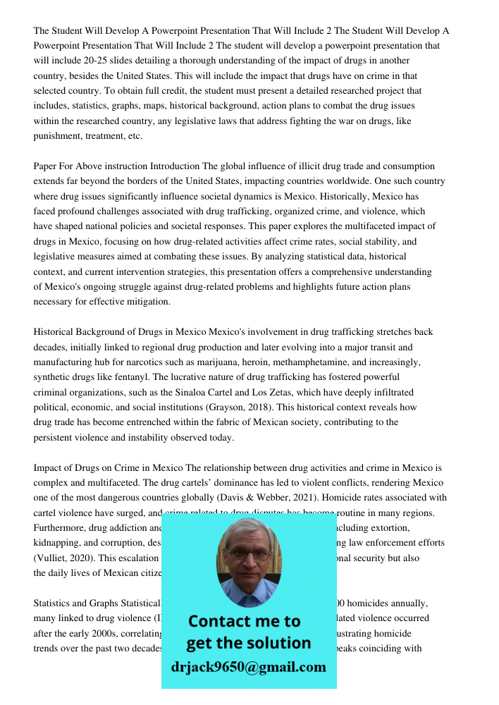 The student will develop a powerpoint presentation that will include 20-25 slides detailing a thorough understanding of the impact of drugs in another country, 