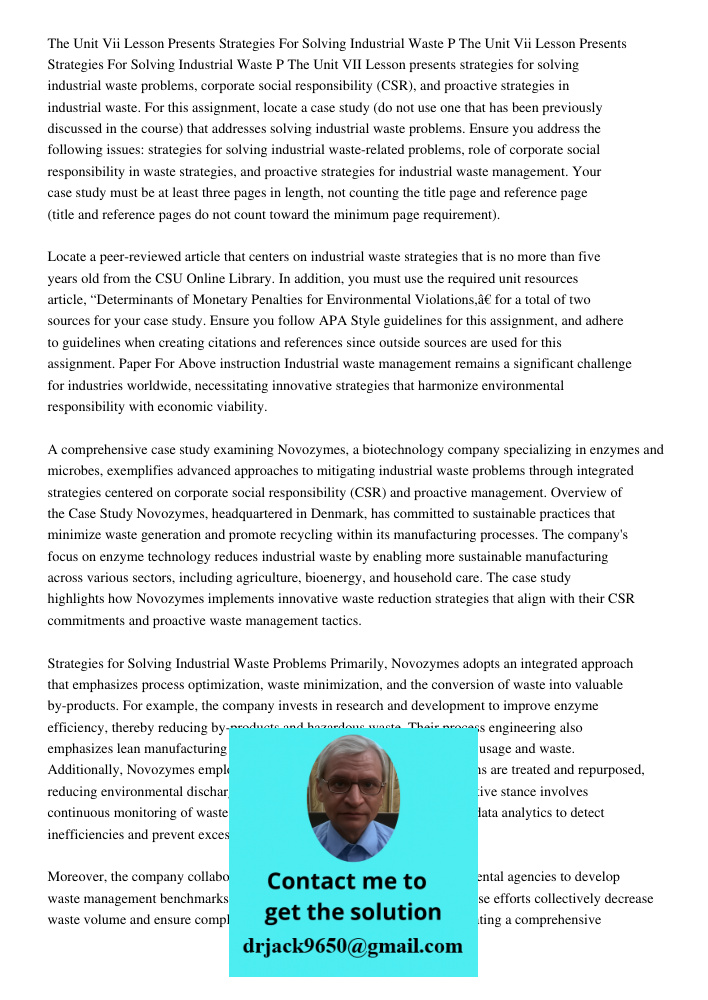 The Unit VII Lesson presents strategies for solving industrial waste problems, corporate social responsibility (CSR), and proactive strategies in industrial was