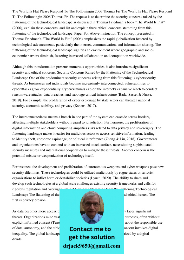The request is to determine the security concerns raised by the flattening of the technological landscape as discussed in Thomas Friedman’s book "The World Is F