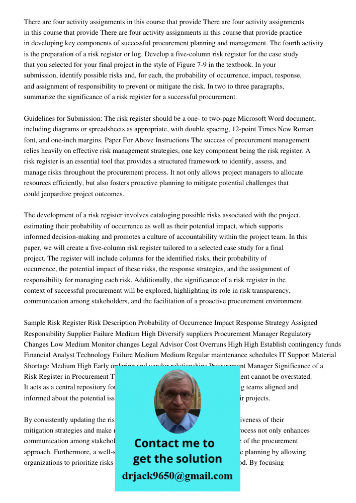 There are four activity assignments in this course that provide practice in developing key components of successful procurement planning and management. The fou