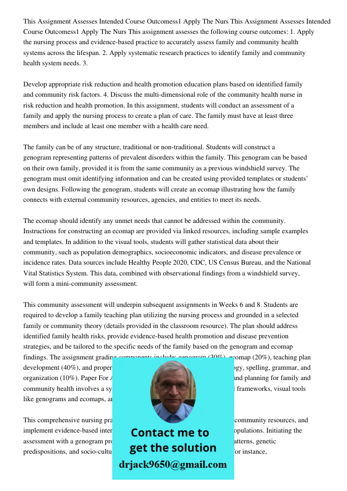 This assignment assesses the following course outcomes: 1. Apply the nursing process and evidence-based practice to accurately assess family and community healt