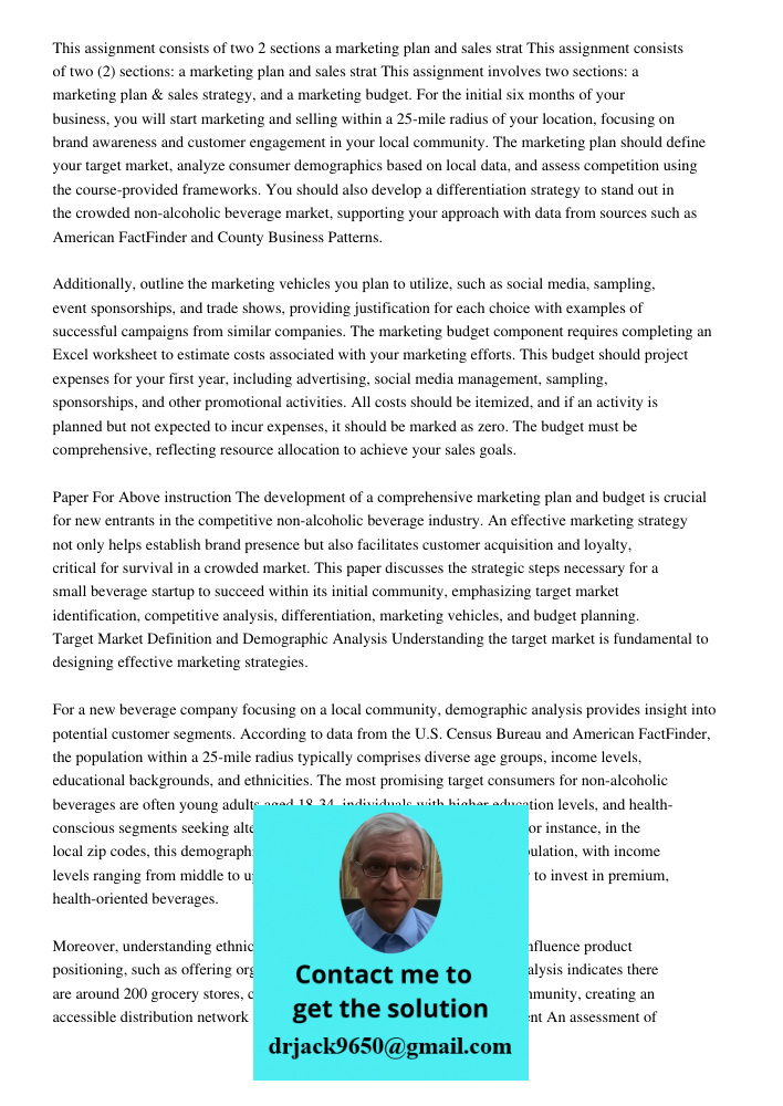 This assignment involves two sections: a marketing plan & sales strategy, and a marketing budget. For the initial six months of your business, you will start ma