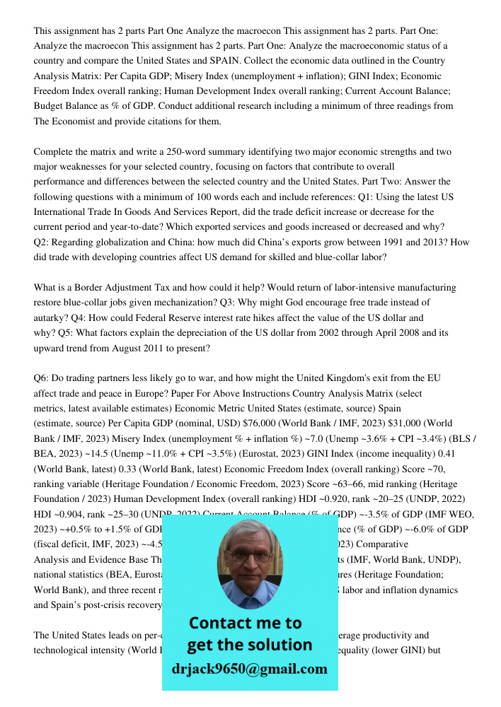 This assignment has 2 parts. Part One: Analyze the macroeconomic status of a country and compare the United States and SPAIN. Collect the economic data outlined