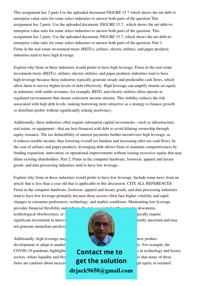 This assignment has 2 parts. Use the uploaded document, FIGURE 15.7, which shows the net debt-to-enterprise value ratio for some select industries to answer bot