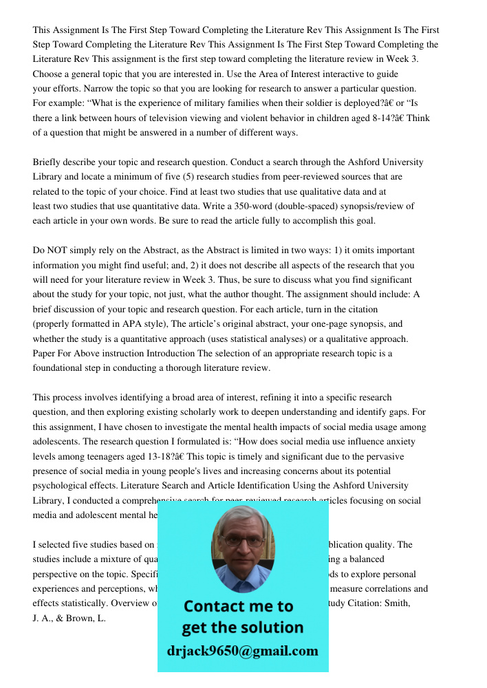 This Assignment Is The First Step Toward Completing the Literature Rev This assignment is the first step toward completing the literature review in Week 3. Choo