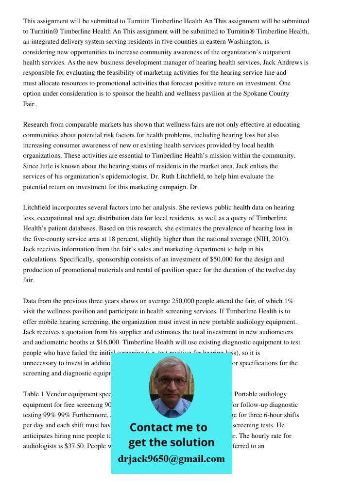 This assignment will be submitted to Turnitin® Timberline Health, an integrated delivery system serving residents in five counties in eastern Washington, is con