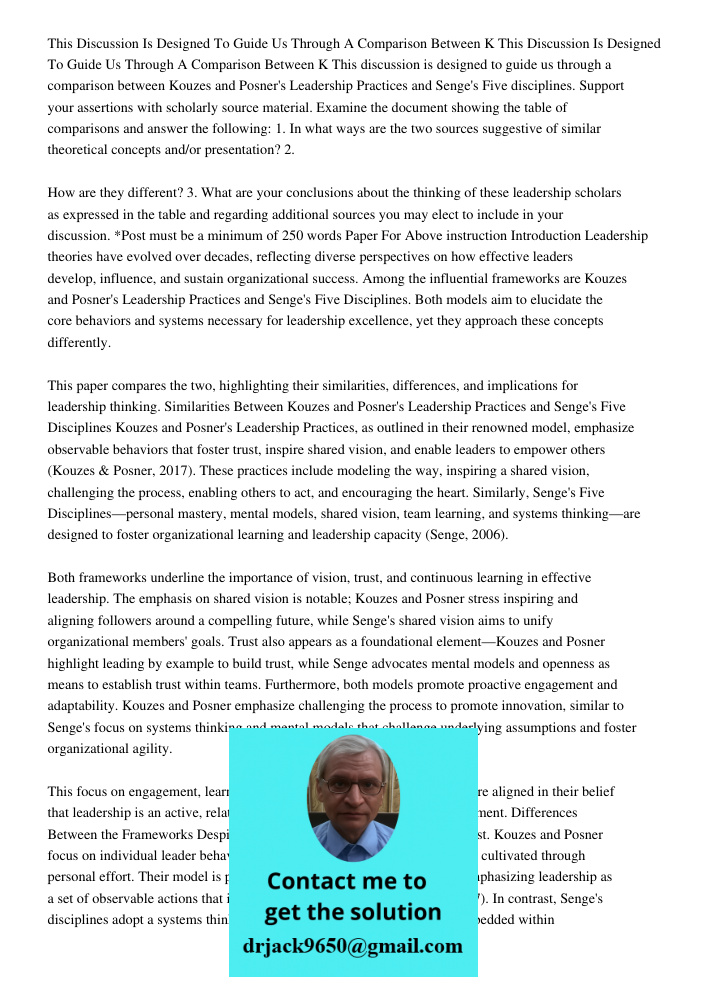 This discussion is designed to guide us through a comparison between Kouzes and Posner's Leadership Practices and Senge's Five disciplines. Support your asserti