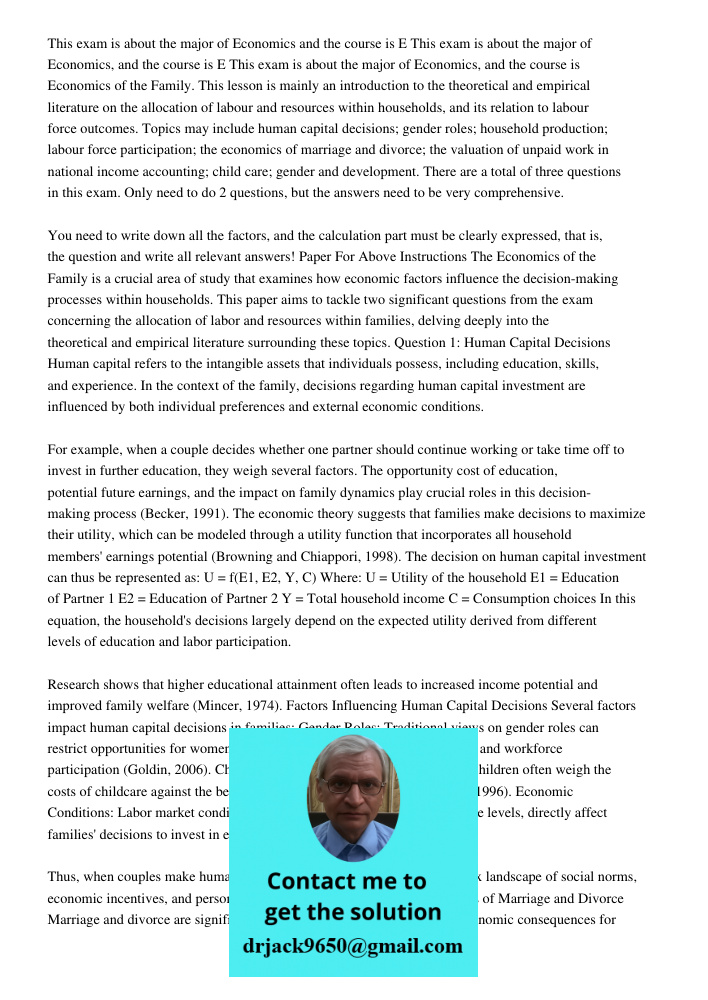 This exam is about the major of Economics, and the course is Economics of the Family. This lesson is mainly an introduction to the theoretical and empirical lit
