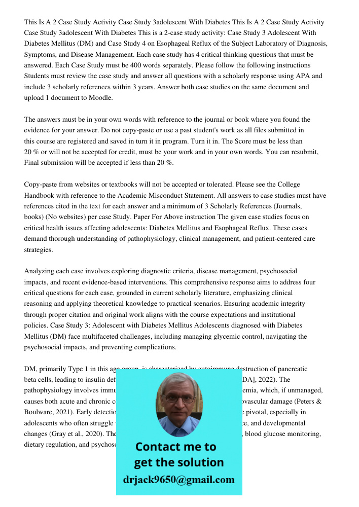 This is a 2-case study activity: Case Study 3 Adolescent With Diabetes Mellitus (DM) and Case Study 4 on Esophageal Reflux of the Subject Laboratory of Diagnosi