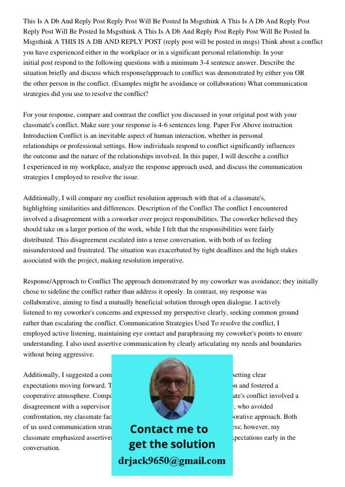 This Is A Db And Reply Post Reply Post Will Be Posted In Msgsthink A THIS IS A DB AND REPLY POST (reply post will be posted in msgs) Think about a conflict you 