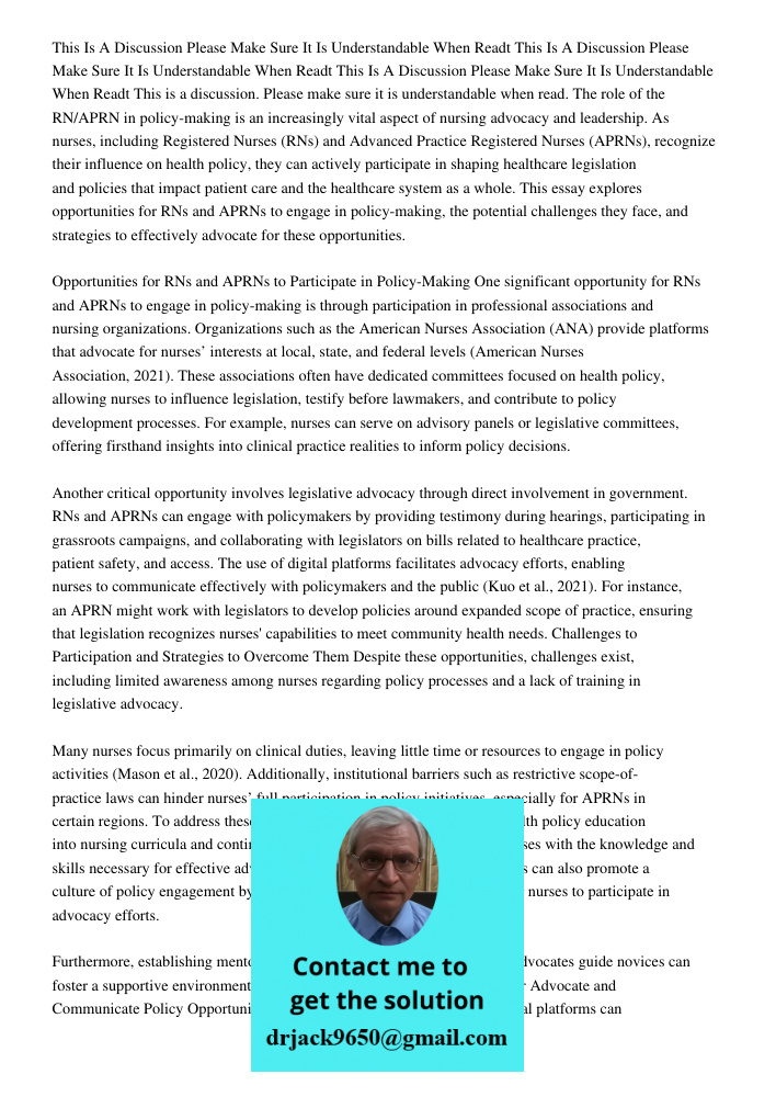 This Is A Discussion Please Make Sure It Is Understandable When Readt This is a discussion. Please make sure it is understandable when read. The role of the RN/