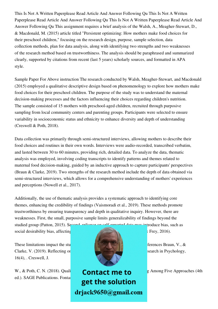 This Is Not A Written Paperplease Read Article And Answer Following Qu This assignment requires a brief analysis of the Walsh, A., Meagher-Stewart, D., & Macdon
