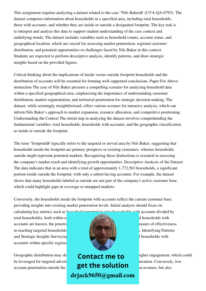 This assignment requires analyzing a dataset related to the case “Nils Baker” (UVA-QA-0793). The dataset comprises information about households in a specified a