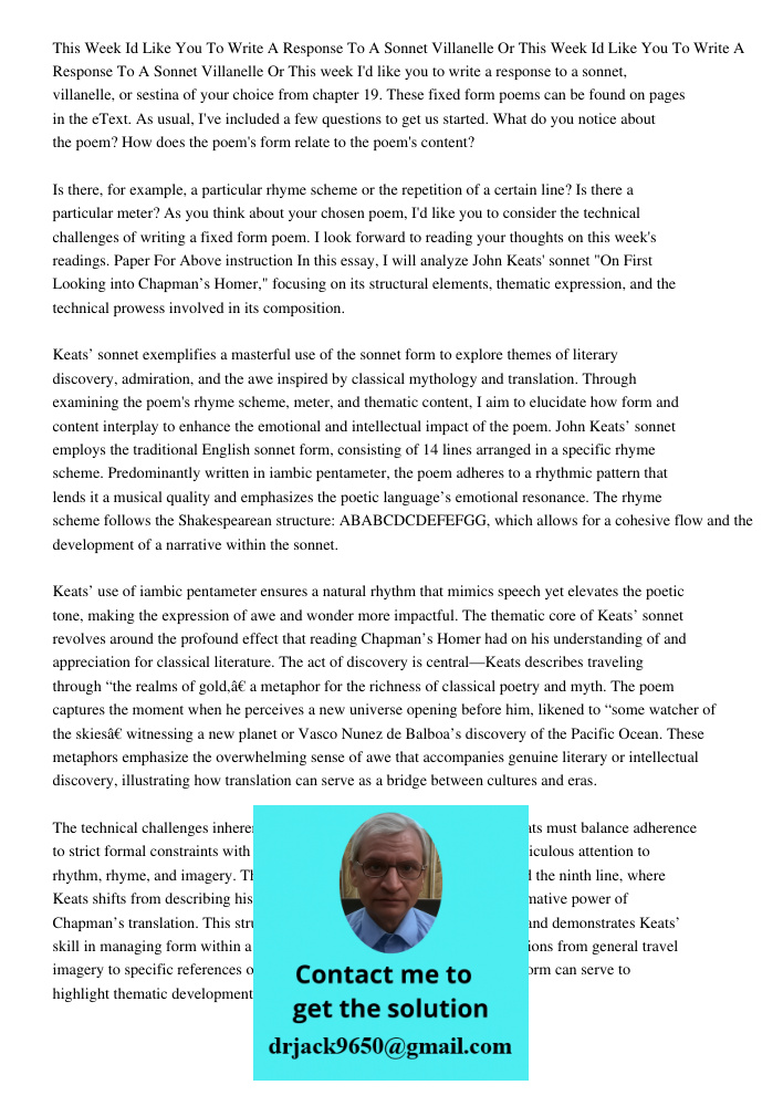 This week I'd like you to write a response to a sonnet, villanelle, or sestina of your choice from chapter 19. These fixed form poems can be found on pages in t