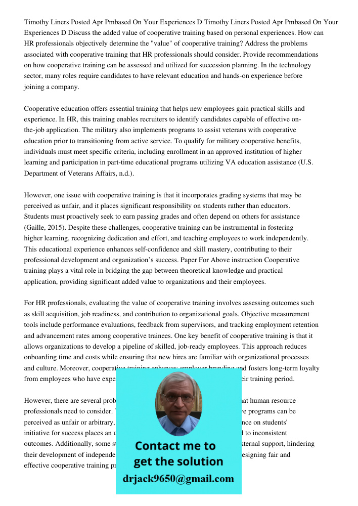 Discuss the added value of cooperative training based on personal experiences. How can HR professionals objectively determine the "value" of cooperative trainin