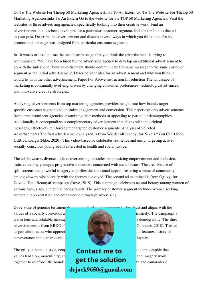 Go to the website for the TOP 50 Marketing Agencies. Visit the websites of three advertising agencies, specifically looking into their creative work. Find an ad