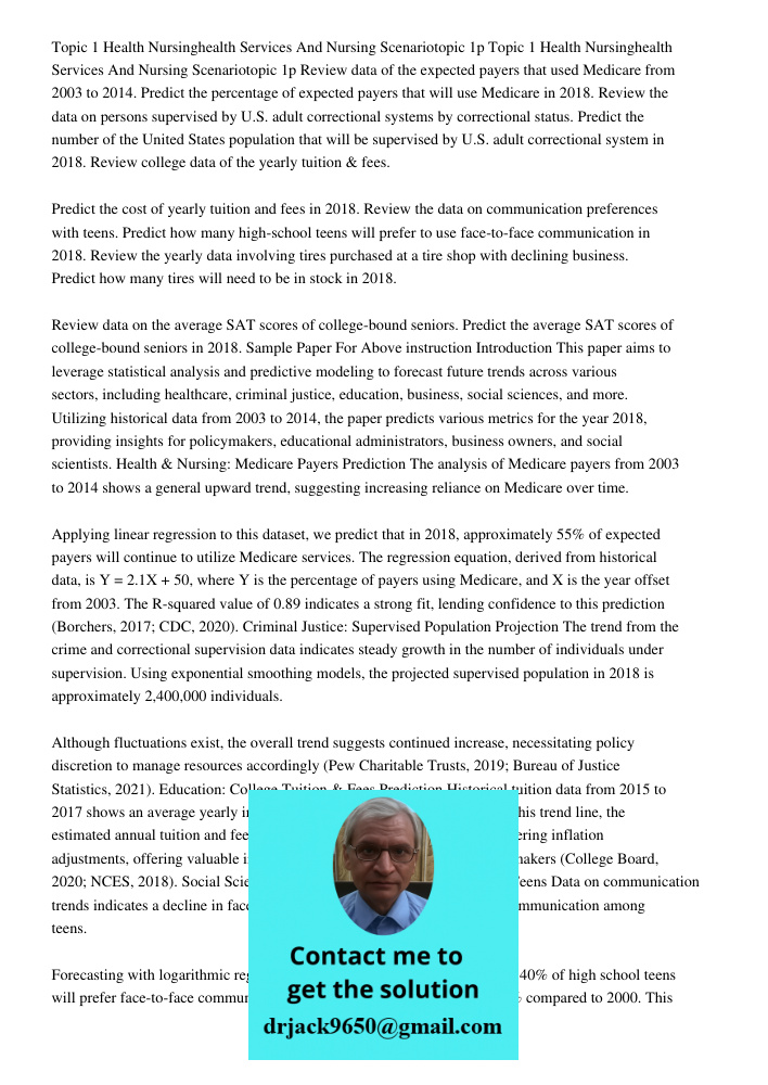 Review data of the expected payers that used Medicare from 2003 to 2014. Predict the percentage of expected payers that will use Medicare in 2018. Review the da