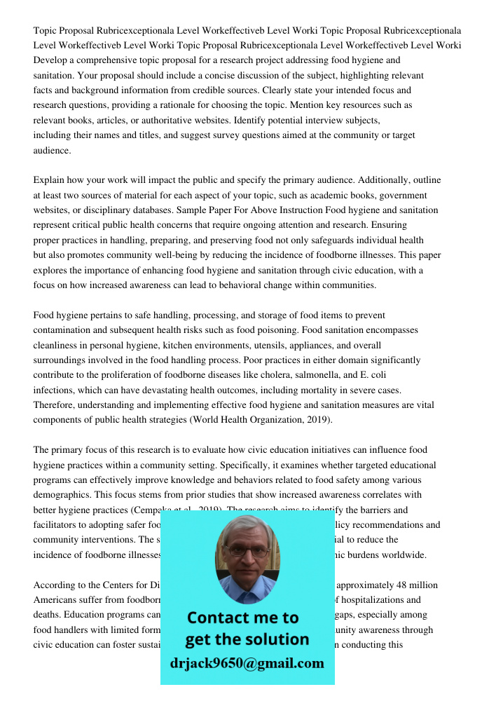 Topic Proposal Rubricexceptionala Level Workeffectiveb Level Worki Develop a comprehensive topic proposal for a research project addressing food hygiene and san