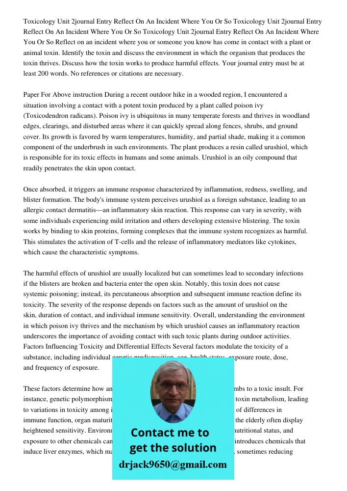 Toxicology Unit 2journal Entry Reflect On An Incident Where You Or So Reflect on an incident where you or someone you know has come in contact with a plant or a