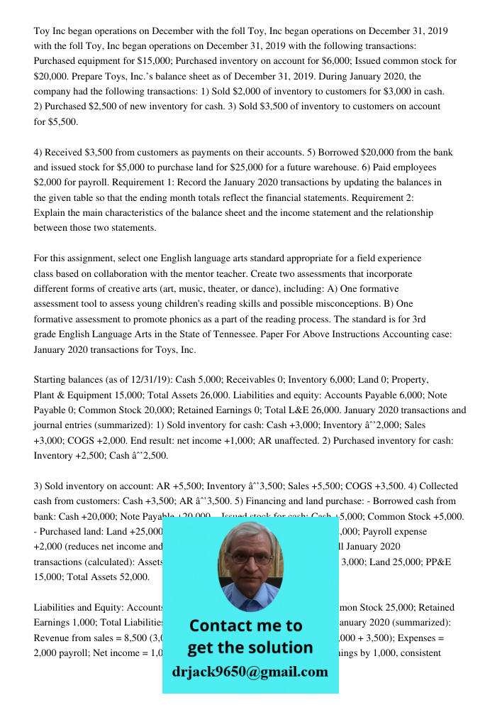 Toy, Inc began operations on December 31, 2019 with the following transactions: Purchased equipment for $15,000; Purchased inventory on account for $6,000; Issu