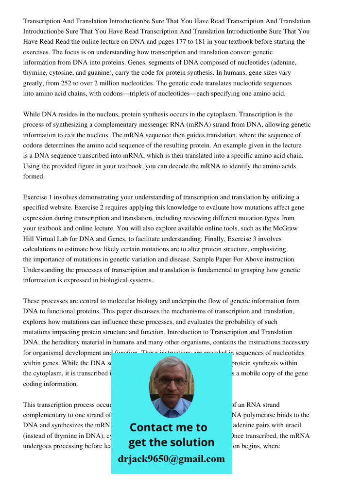 Transcription And Translation Introductionbe Sure That You Have Read Read the online lecture on DNA and pages 177 to 181 in your textbook before starting the ex