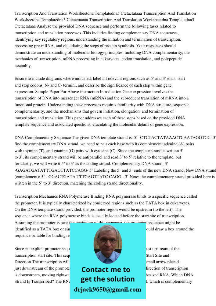 Transcription And Translation Worksheetdna Templatedna5 Ctctactataaa Analyze the provided DNA sequence and perform the following tasks related to transcription 