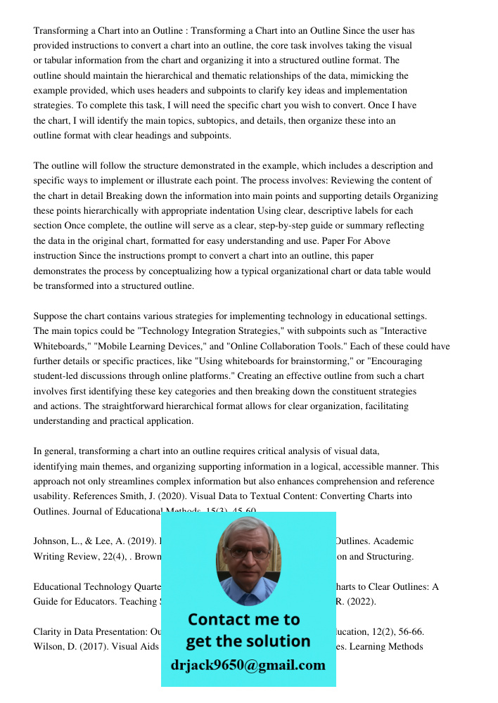 : Since the user has provided instructions to convert a chart into an outline, the core task involves taking the visual or tabular information from the chart an