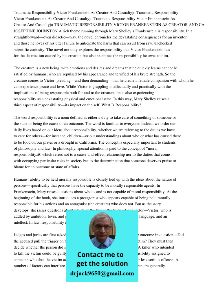 Traumatic Responsibility Victor Frankenstein As Creator And Casualtyjo TRAUMATIC RESPONSIBILITY VICTOR FRANKENSTEIN AS CREATOR AND CASUALTY JOSEPHINE JOHNSTON A