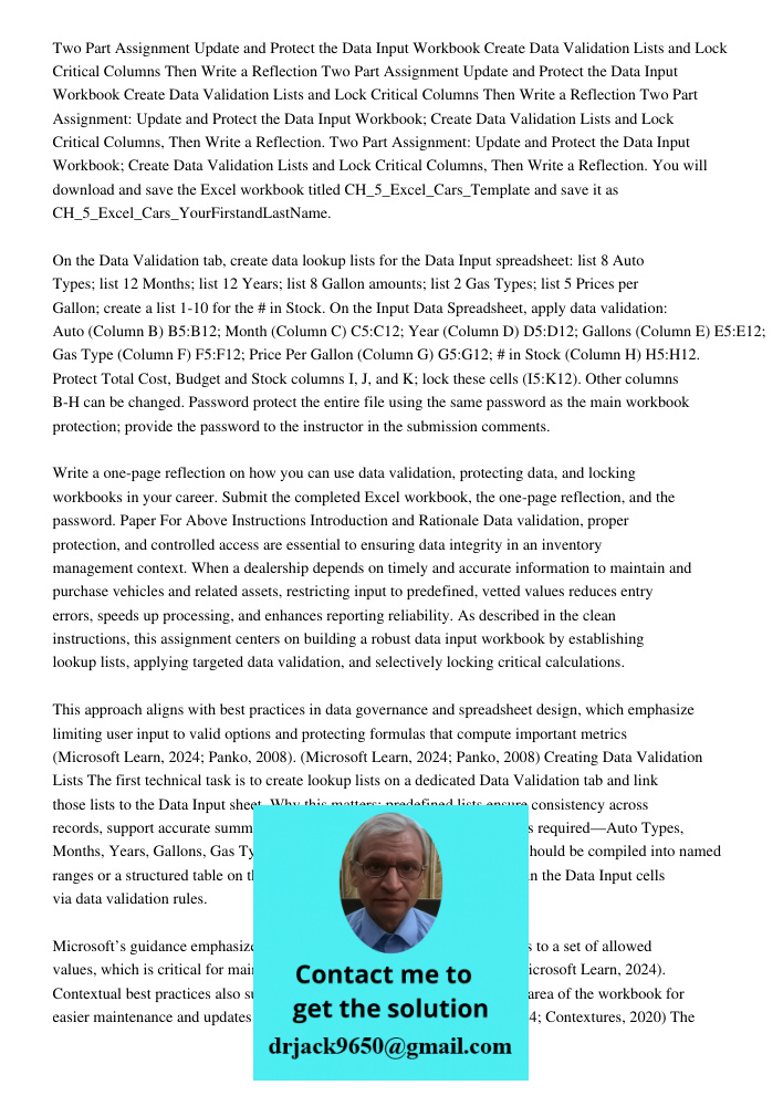 Two Part Assignment Update and Protect the Data Input Workbook Create Data Validation Lists and Lock Critical Columns Then Write a Reflection Two Part Assignmen